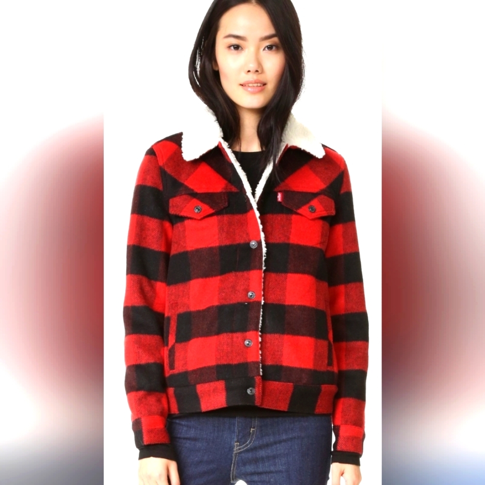 Anthropologie Levi's Trucker Sherpa Jacket NWOT Plaid Gingham